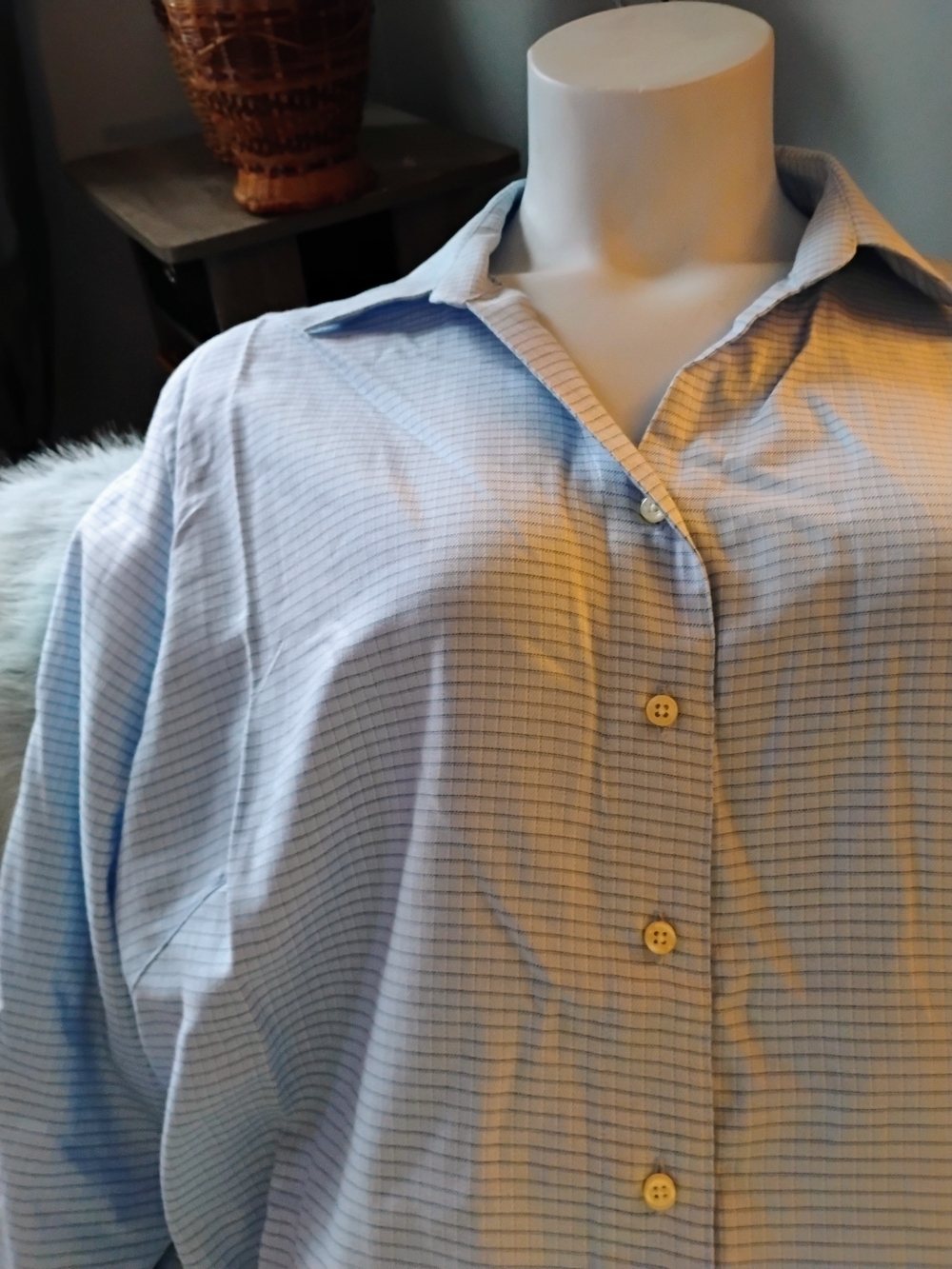 Women's Light Blue Button-Down Shirt with Subtle Grid